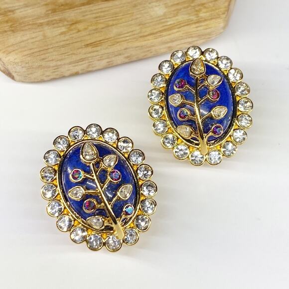 NEW Floral Rhinestone and Lapis Statement Earrings - Picture 16 of 16